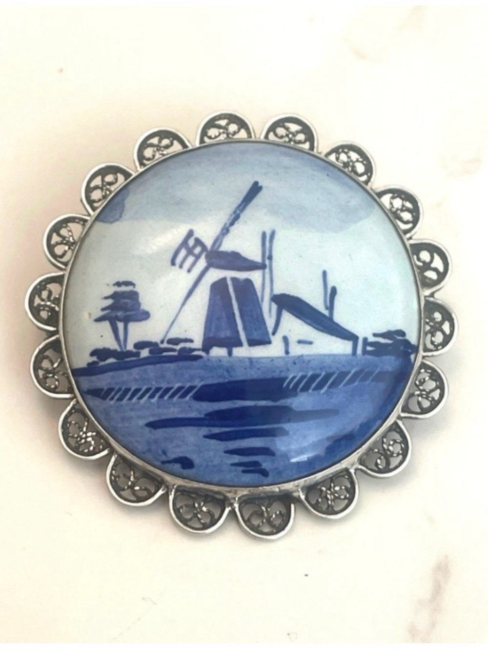 Delft Vintage Porcelain Cabochon Brooch Set In Silver-tone Filigree Frame GUC